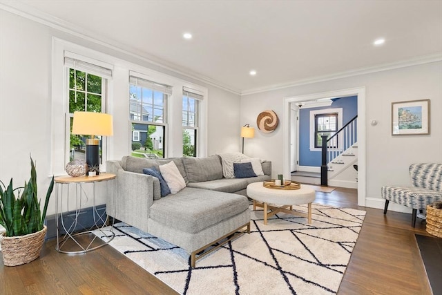 61 Howitt Rd, Boston, MA 02132 - living room featuring wood finished floors, crown molding, stairway, baseboards, and recessed lighting