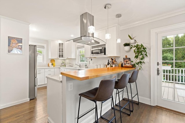61 Howitt Rd, Boston, MA 02132 - kitchen featuring appliances with stainless steel finishes, a peninsula, island exhaust hood, a kitchen bar, and baseboards