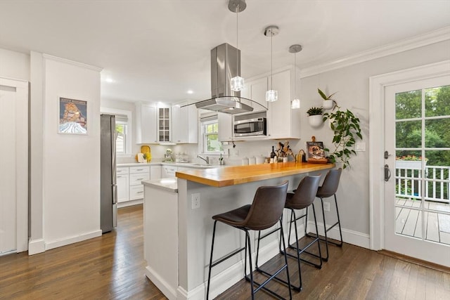61 Howitt Rd, Boston, MA 02132 - kitchen featuring island exhaust hood, appliances with stainless steel finishes, a peninsula, a kitchen breakfast bar, and dark wood-type flooring