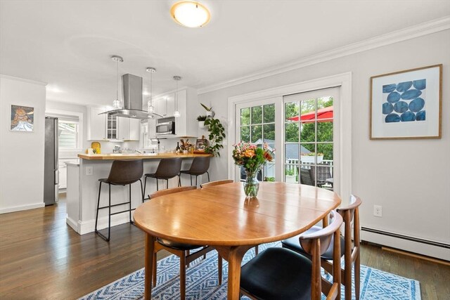 61 Howitt Rd, Boston, MA 02132 - dining space with healthy amount of natural light, dark wood-style flooring, crown molding, baseboards, and a baseboard heating unit
