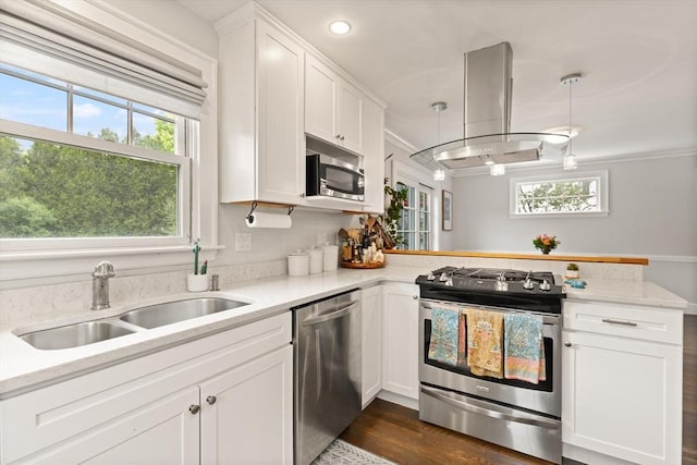 61 Howitt Rd, Boston, MA 02132 - kitchen featuring stainless steel appliances, a sink, island range hood, a peninsula, and healthy amount of natural light