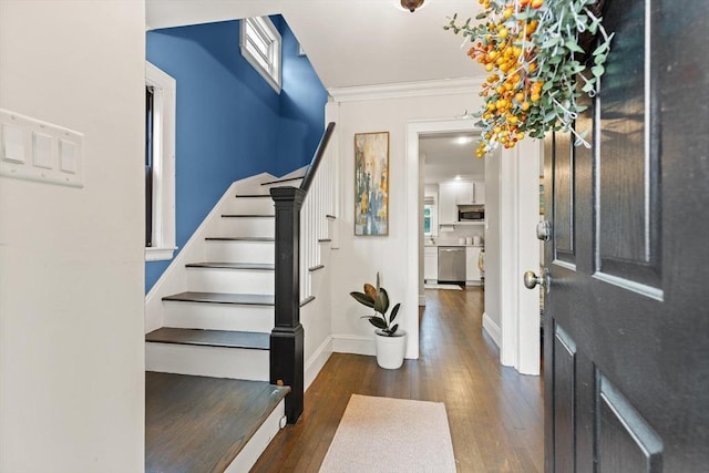 61 Howitt Rd, Boston, MA 02132 - entryway with wood-type flooring, stairway, crown molding, and baseboards