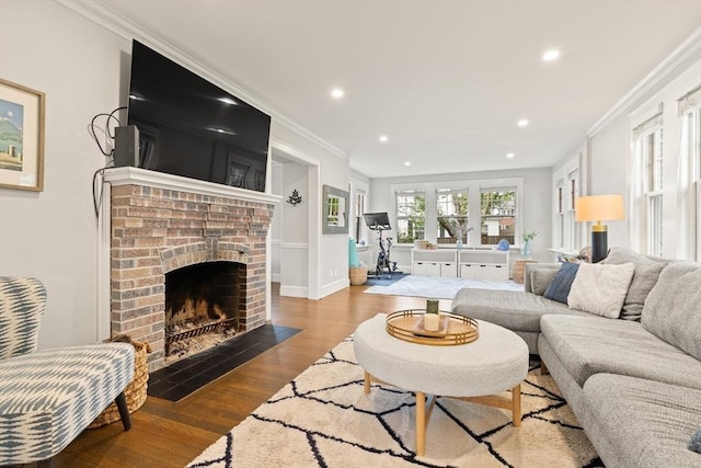 61 Howitt Rd, Boston, MA 02132 - living area featuring wood finished floors, ornamental molding, recessed lighting, a fireplace, and baseboards