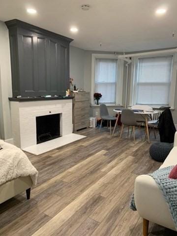 342 Commonwealth Ave Unit 2, Boston, MA 02115 - living room featuring a large fireplace, wood finished floors, and recessed lighting