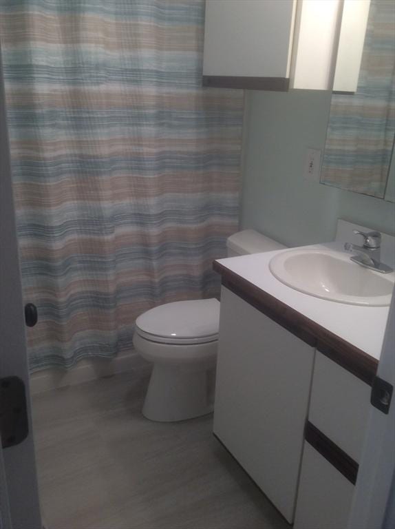 22 Smith St, Norton, MA 02766 - full bathroom with vanity, toilet, wood finished floors, and a shower with curtain