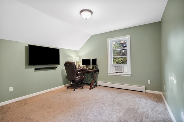 office space featuring a baseboard radiator, cooling unit, light carpet, and lofted ceiling