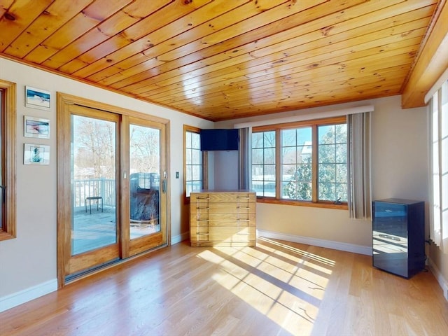 interior space with wooden ceiling, baseboards, and wood finished floors