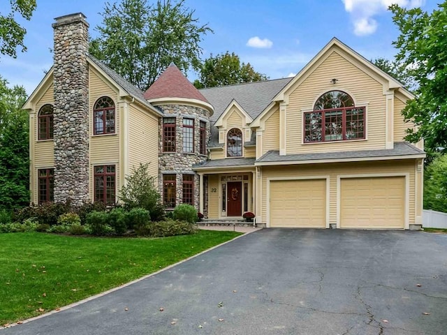 32 Twitchell St, Wellesley, MA 02482 - view of front of property with a garage, asphalt driveway, a front lawn, a chimney, and stone siding