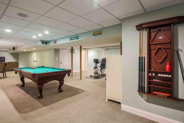 32 Twitchell St, Wellesley, MA 02482 - recreation room featuring carpet flooring, billiards, baseboards, a paneled ceiling, and recessed lighting
