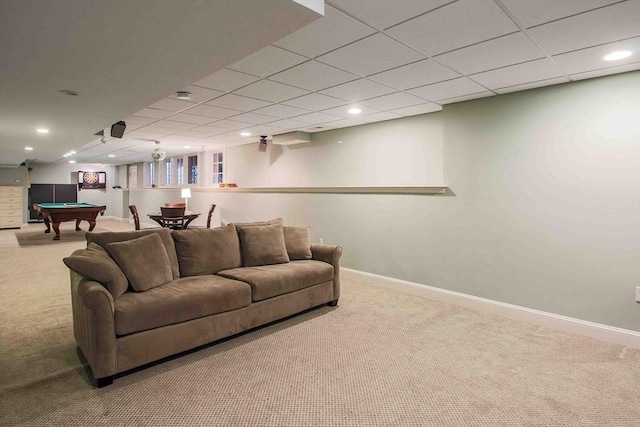 32 Twitchell St, Wellesley, MA 02482 - living room featuring carpet floors, billiards table, baseboards, recessed lighting, and a paneled ceiling