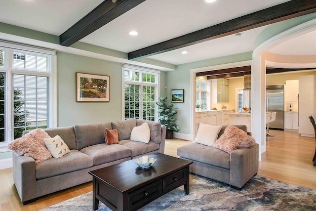 32 Twitchell St, Wellesley, MA 02482 - living room featuring light wood-type flooring, baseboards, beam ceiling, and recessed lighting