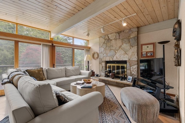 12 Laurus Ln, Newton, MA 02459 - living room featuring track lighting, wood ceiling, wood finished floors, and a fireplace