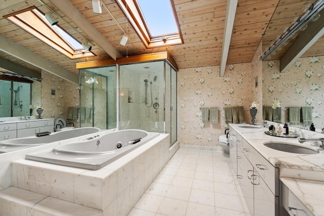 12 Laurus Ln, Newton, MA 02459 - full bathroom featuring a skylight, a wooden ceiling with exposed beams, a stall shower, a whirlpool tub, and double vanity