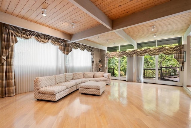 12 Laurus Ln, Newton, MA 02459 - living room featuring a wood ceiling with exposed beams and wood finished floors