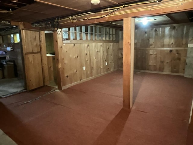 basement featuring wooden walls