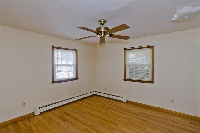 empty room featuring ceiling fan, a baseboard heating unit, and light hardwood / wood-style floors