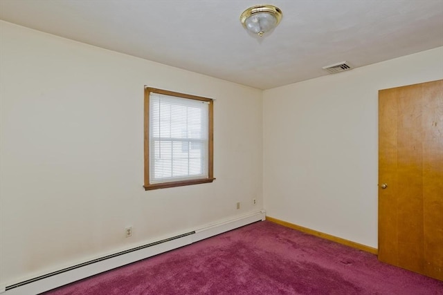 empty room with carpet floors and baseboard heating