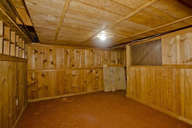 basement with wood ceiling and wooden walls