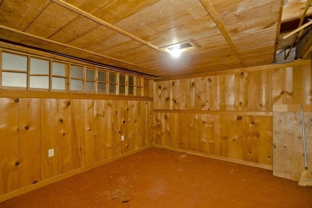 interior space with wooden walls and wooden ceiling