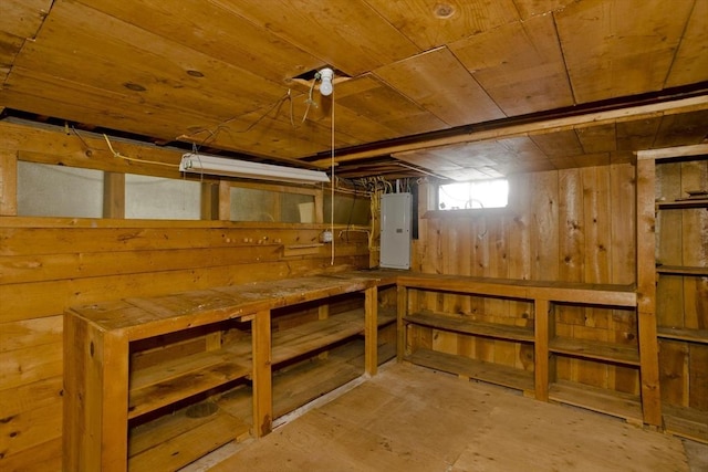 basement with wood walls, electric panel, and wooden ceiling