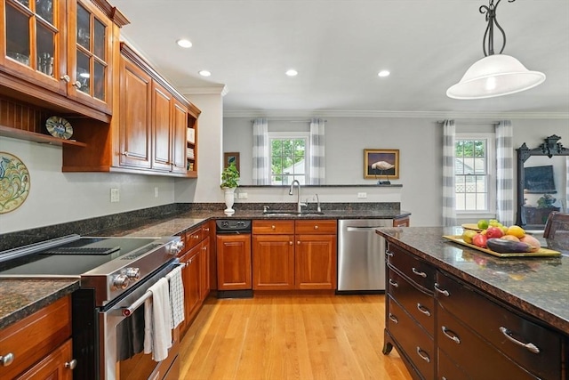 149 Acorn St, Marshfield, MA 02050 - kitchen with appliances with stainless steel finishes, a sink, open shelves, ornamental molding, and light wood-style flooring
