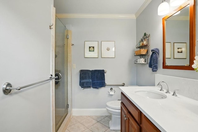 149 Acorn St, Marshfield, MA 02050 - bathroom with a shower stall, vanity, crown molding, tile patterned floors, and toilet