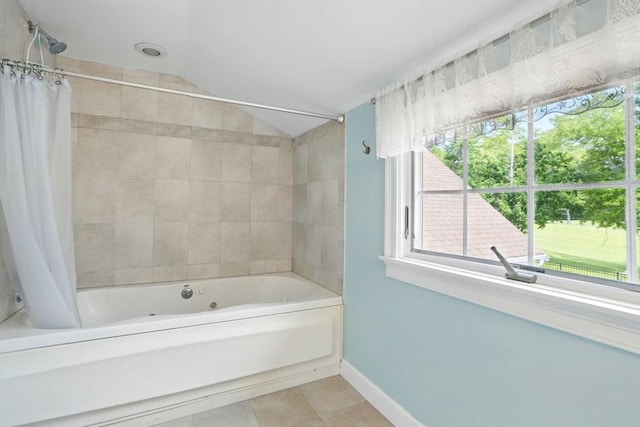 149 Acorn St, Marshfield, MA 02050 - full bath with shower / tub combo, baseboards, plenty of natural light, tile patterned floors, and lofted ceiling