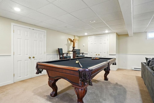 149 Acorn St, Marshfield, MA 02050 - recreation room featuring baseboard heating, light colored carpet, a wainscoted wall, billiards, and a paneled ceiling