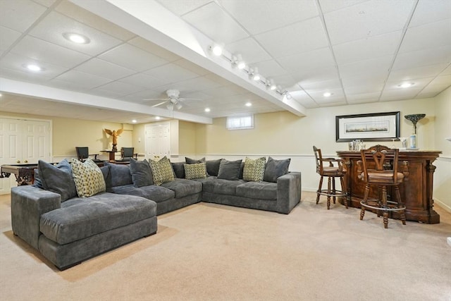 149 Acorn St, Marshfield, MA 02050 - living room featuring carpet floors, a dry bar, a drop ceiling, and recessed lighting