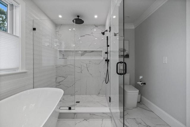 bathroom featuring crown molding, plus walk in shower, and toilet