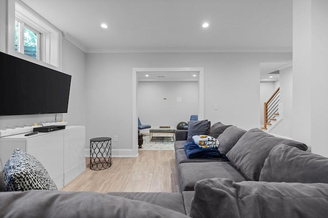 living room featuring crown molding and light hardwood / wood-style floors