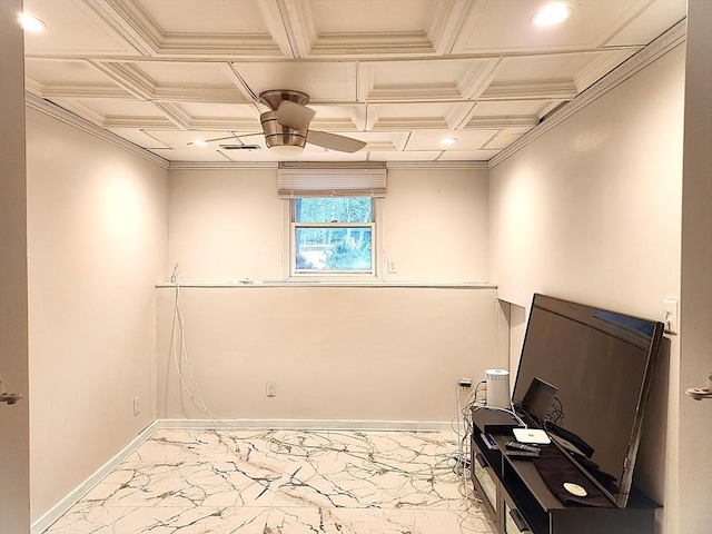 interior space featuring baseboards, a ceiling fan, and marble finish floor