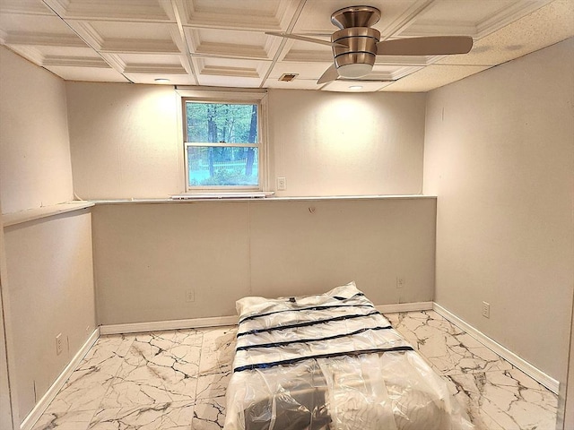 unfurnished bedroom with marble finish floor, baseboards, and ceiling fan