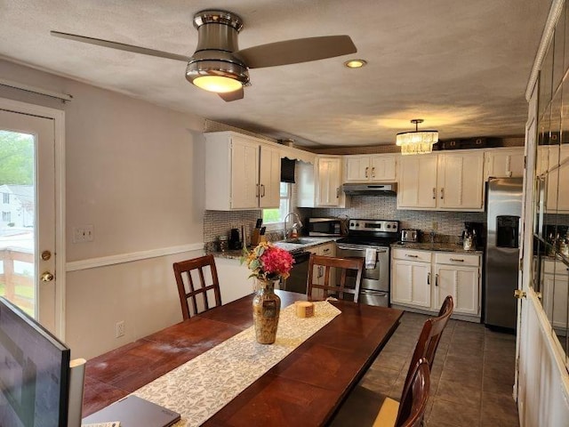 kitchen featuring stainless steel appliances, under cabinet range hood, a sink, tasteful backsplash, and white cabinets