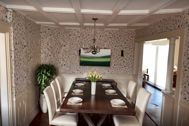 dining room featuring beam ceiling, dark hardwood / wood-style flooring, ornate columns, and coffered ceiling