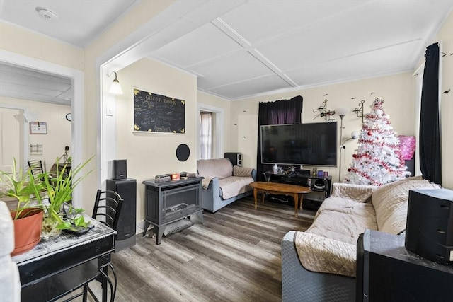 living room featuring wood-type flooring and a wood stove