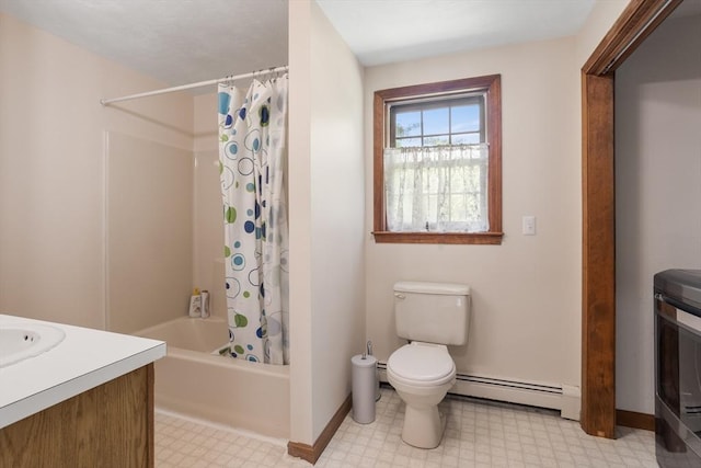 8 Macleod Ln, Acton, MA 01720 - bathroom with tile patterned floors, a baseboard radiator, vanity, toilet, and shower / bath combo