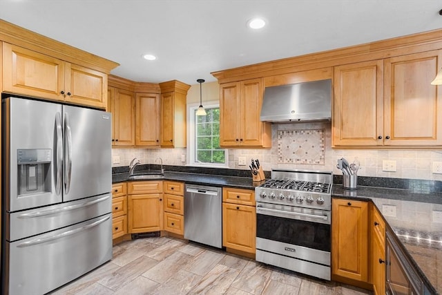 8 Macleod Ln, Acton, MA 01720 - kitchen with appliances with stainless steel finishes, wall chimney range hood, a sink, tasteful backsplash, and recessed lighting