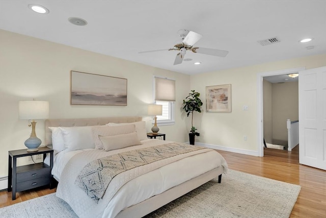 100 Summit, Brookline, MA 02446 - bedroom featuring light wood finished floors, recessed lighting, baseboards, and ceiling fan