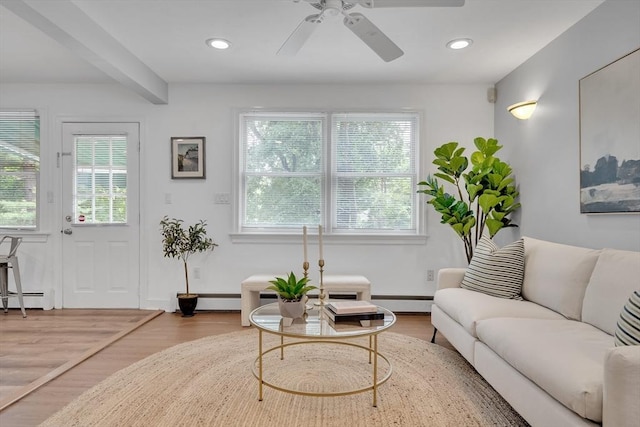 100 Summit, Brookline, MA 02446 - living area featuring wood finished floors, ceiling fan, baseboard heating, and recessed lighting