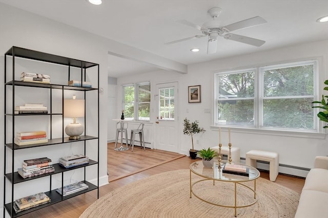 100 Summit, Brookline, MA 02446 - living room featuring ceiling fan, wood finished floors, a baseboard radiator, recessed lighting, and baseboards