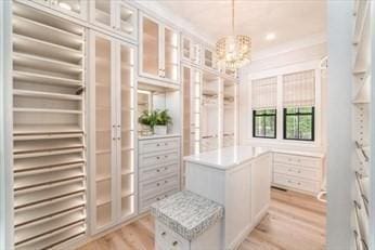 spacious closet featuring radiator heating unit, light hardwood / wood-style floors, and an inviting chandelier