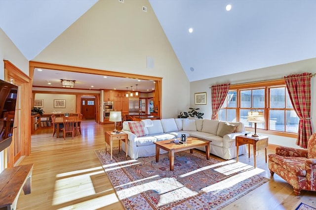 living room featuring high vaulted ceiling and light hardwood / wood-style floors