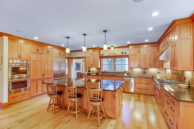 kitchen with light hardwood / wood-style flooring, appliances with stainless steel finishes, a kitchen breakfast bar, a kitchen island, and pendant lighting