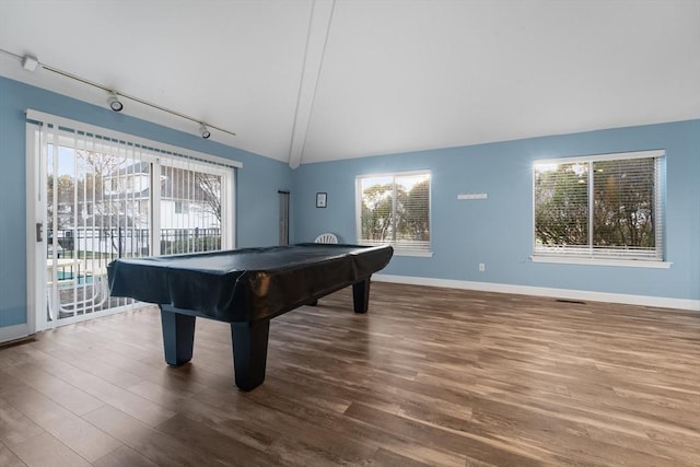 360 Littleton Rd Unit A5, Chelmsford, MA 01824 - recreation room with track lighting, wood finished floors, pool table, baseboards, and vaulted ceiling