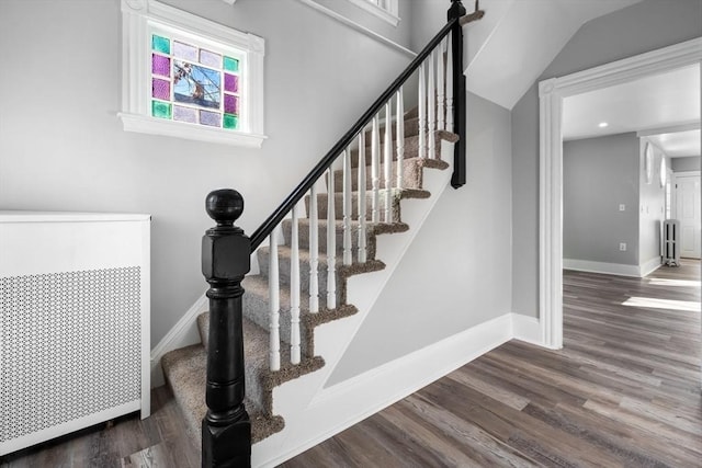 staircase with hardwood / wood-style flooring