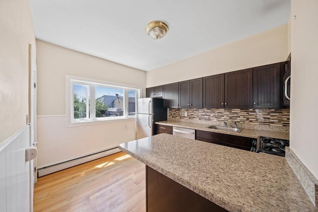 633 E Sixth St, Boston, MA 02127 - kitchen with a baseboard heating unit, appliances with stainless steel finishes, a sink, dark brown cabinets, and tasteful backsplash