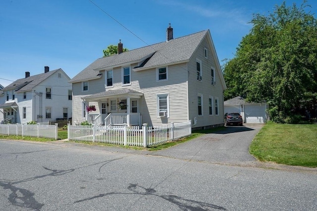 16-18 Orchard St, Grafton, MA 01560 - view of front of house featuring a porch, a chimney, a fenced front yard, a garage, and roof with shingles