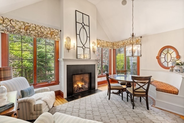 dining area with hardwood / wood-style flooring, high vaulted ceiling, and plenty of natural light