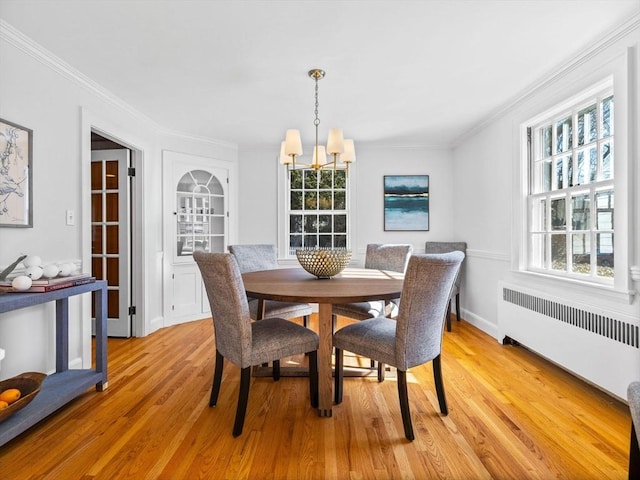 dining area with crown molding, light wood-type flooring, radiator heating unit, and an inviting chandelier